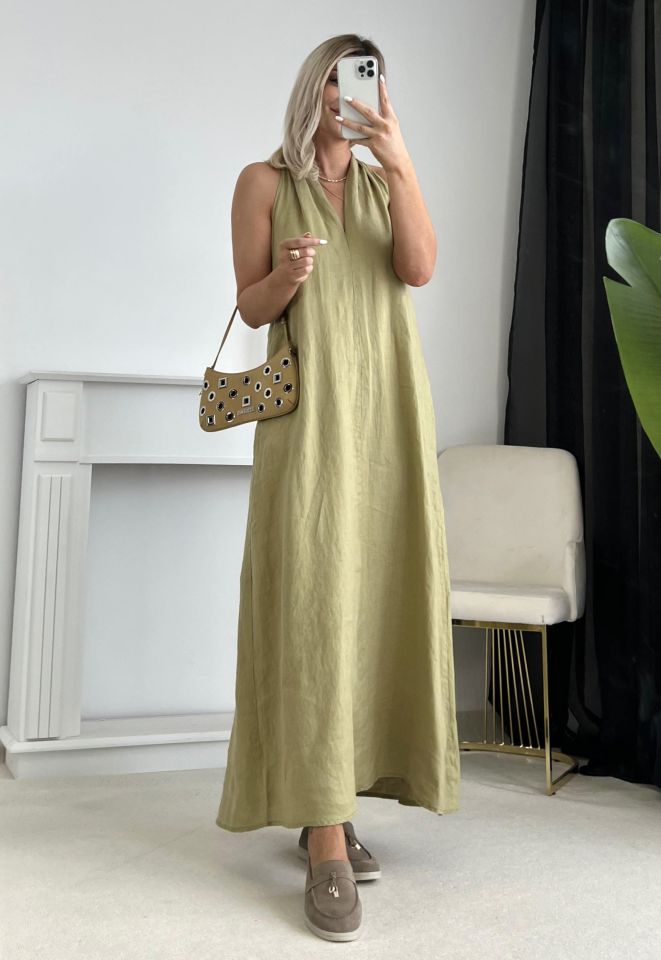 Yağ Yeşili Helen Model Keten Elbise