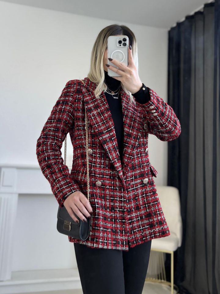 Kırmızı-Siyah Simli Tüvit Blazer Ceket