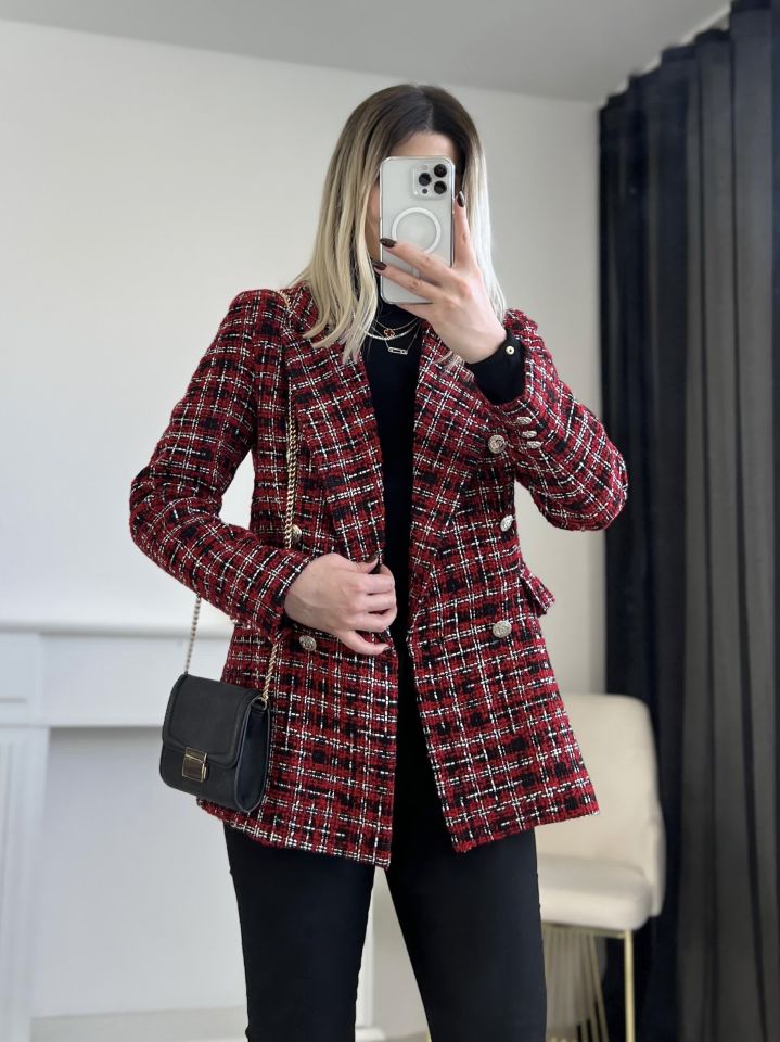 Kırmızı-Siyah Simli Tüvit Blazer Ceket