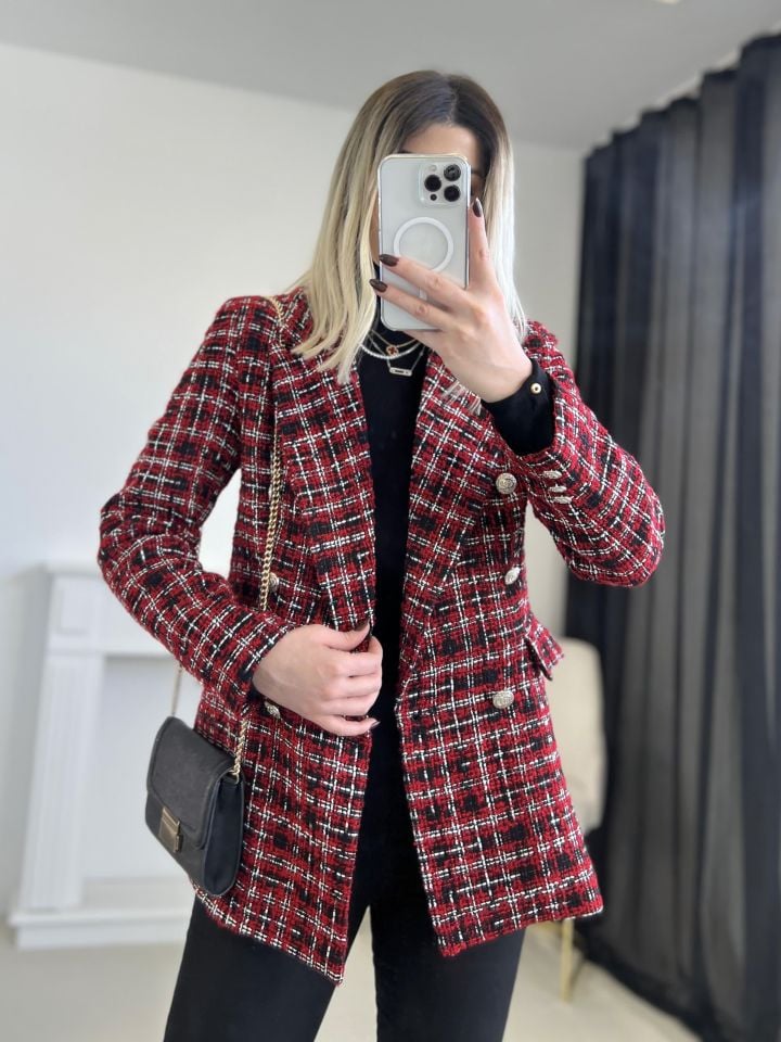 Kırmızı-Siyah Simli Tüvit Blazer Ceket