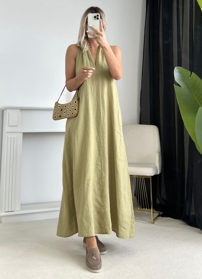 Yağ Yeşili Helen Model Keten Elbise