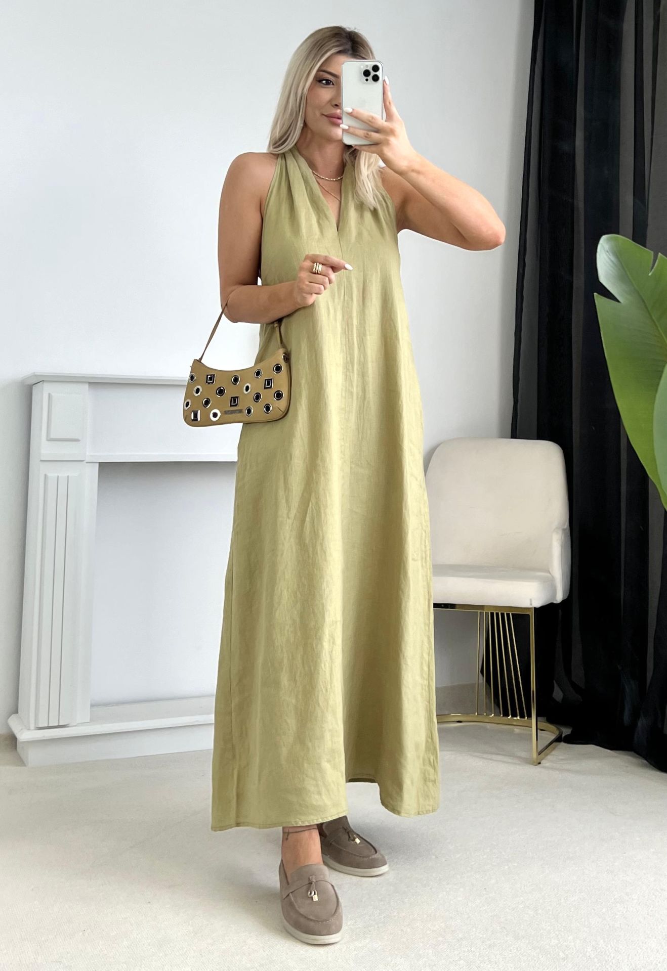 Yağ Yeşili Helen Model Keten Elbise