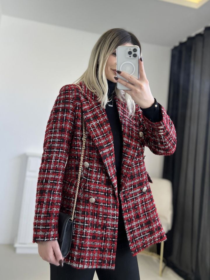 Kırmızı-Siyah Simli Tüvit Blazer Ceket