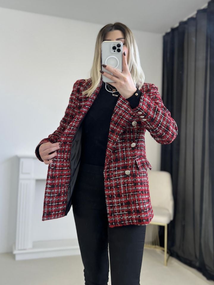 Kırmızı-Siyah Simli Tüvit Blazer Ceket