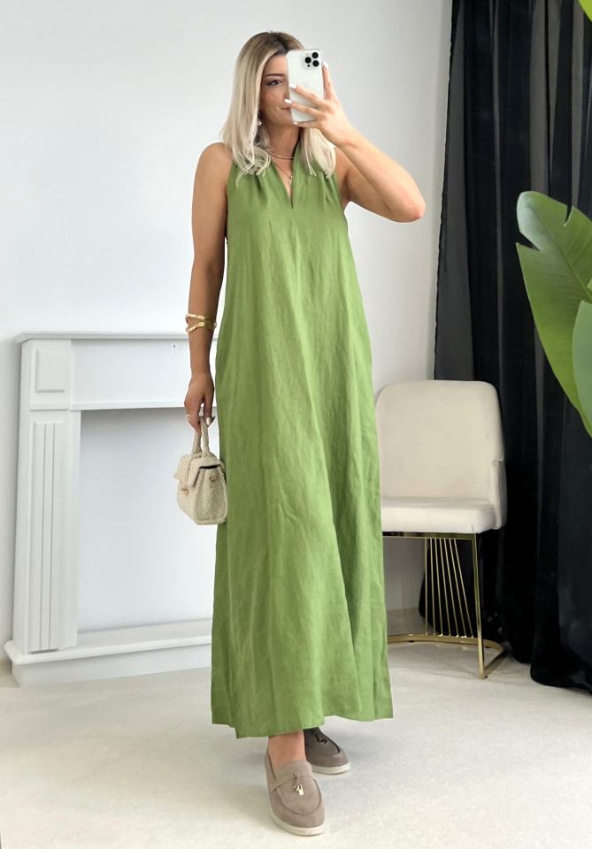 Çimen Yeşili Helen Model Keten Elbise