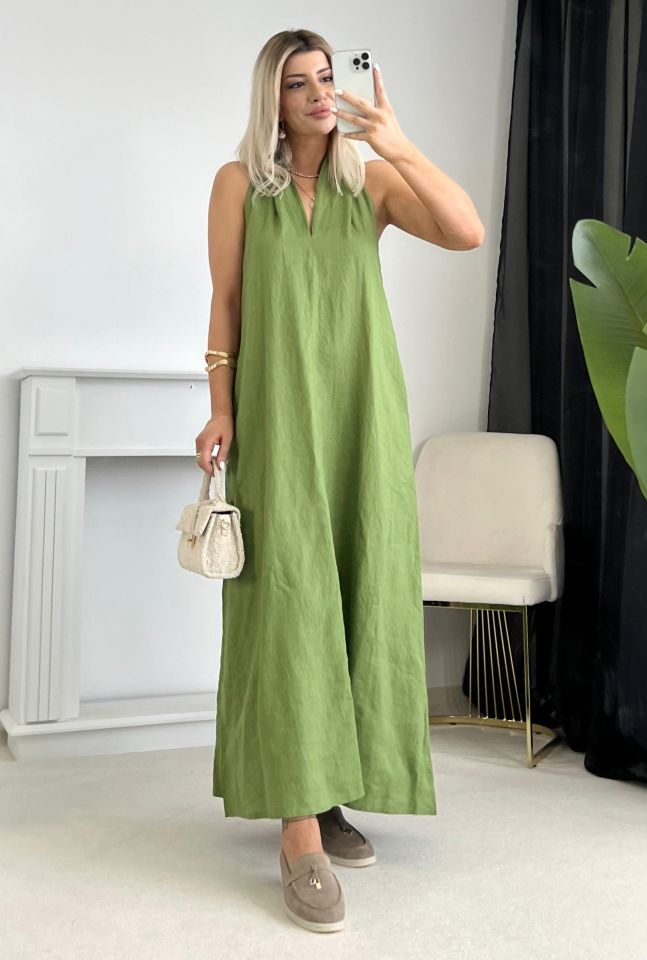 Çimen Yeşili Helen Model Keten Elbise