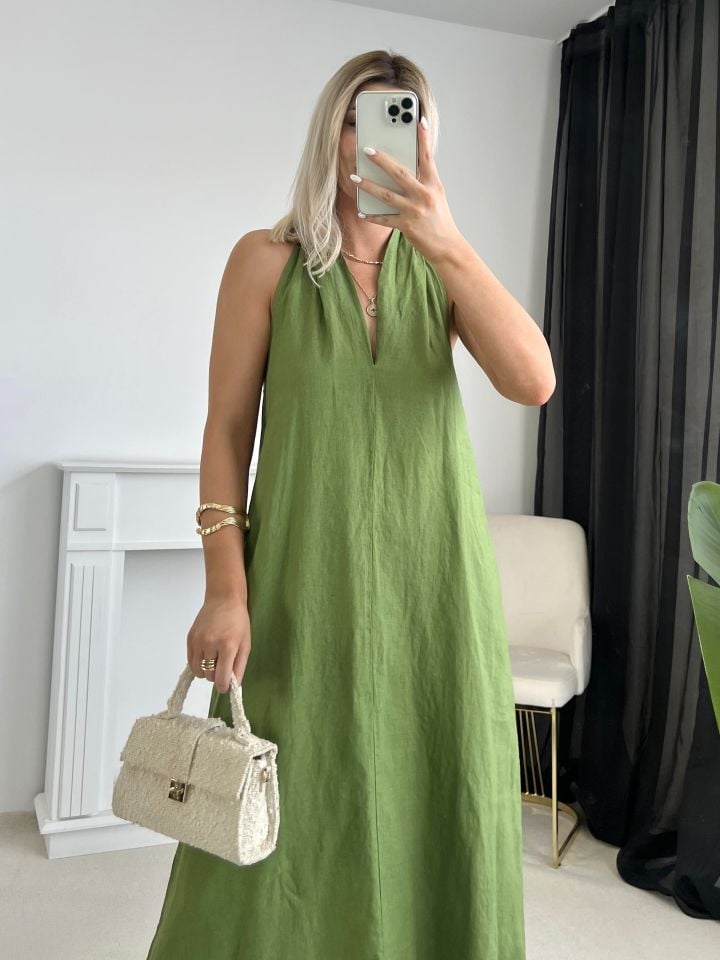 Çimen Yeşili Helen Model Keten Elbise