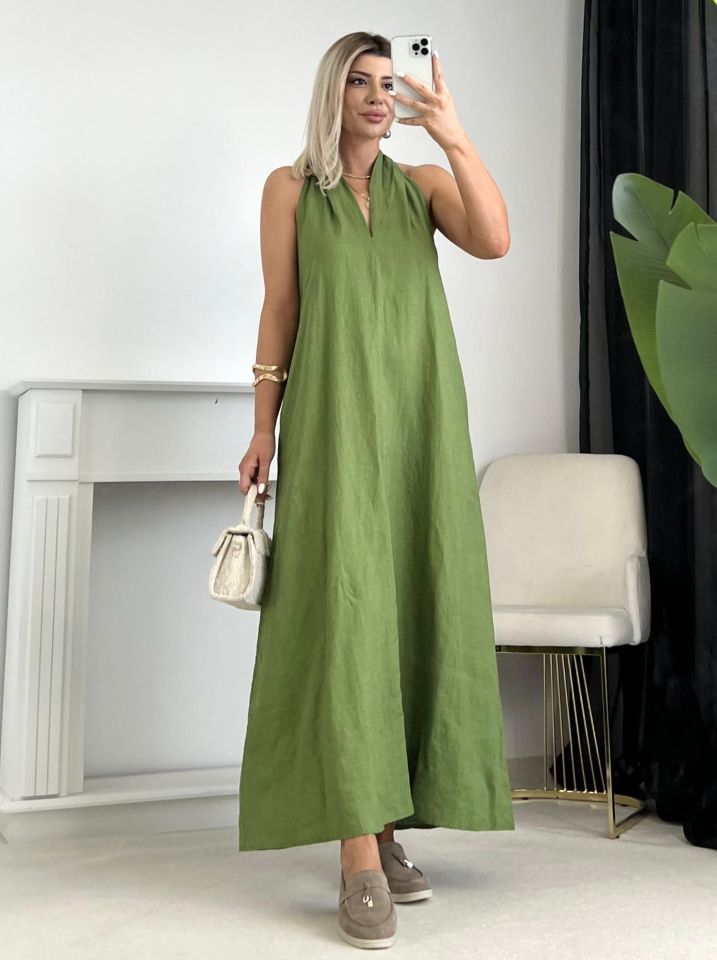 Çimen Yeşili Helen Model Keten Elbise