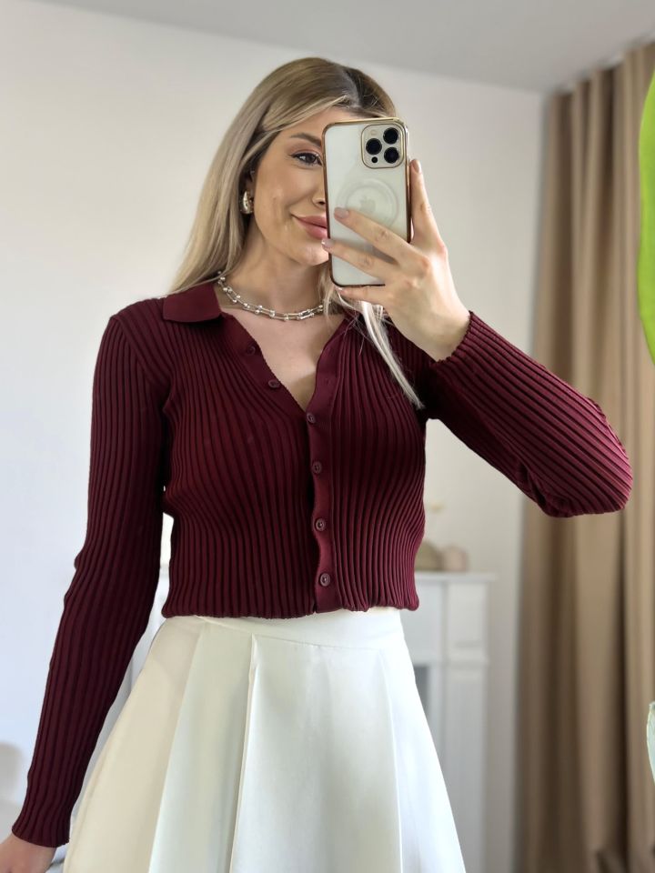 Bordo Polo Yaka Fitilli Triko Bluz