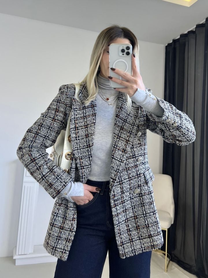 Lacivert-Gri Simli Tüvit Blazer Ceket
