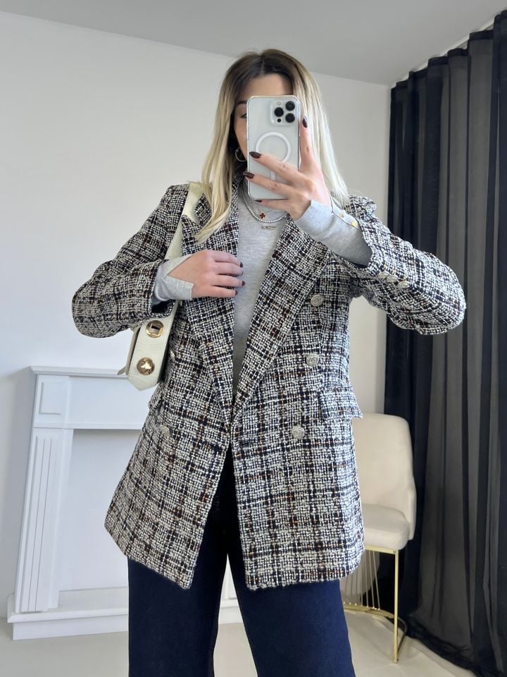 Lacivert-Gri Simli Tüvit Blazer Ceket