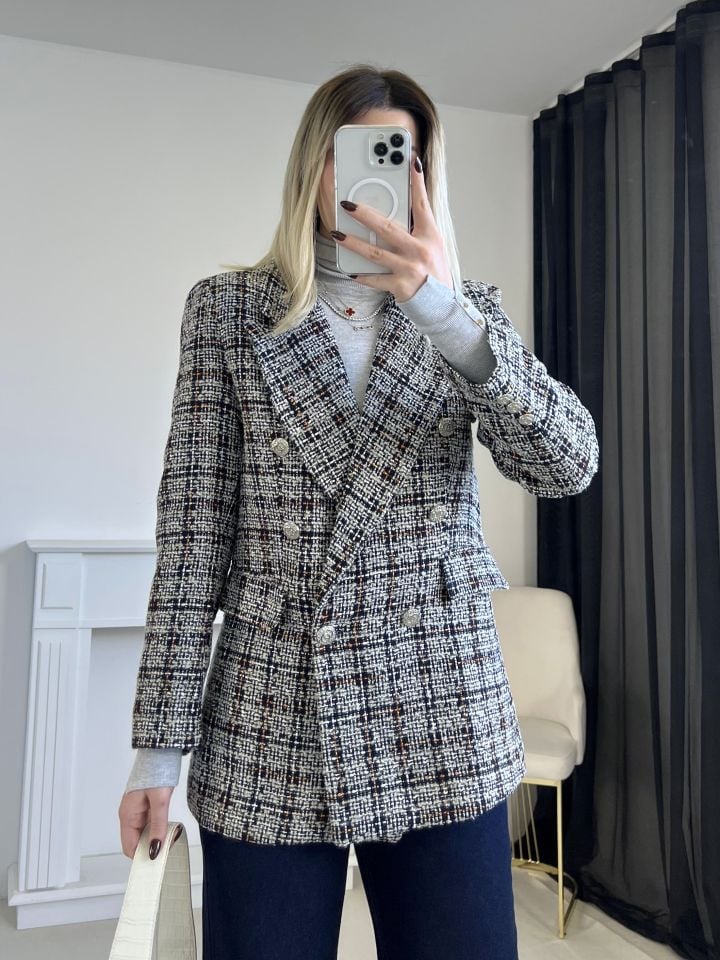 Lacivert-Gri Simli Tüvit Blazer Ceket