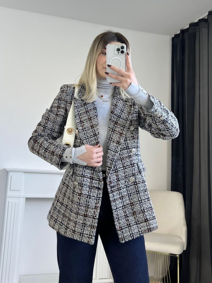 Lacivert-Gri Simli Tüvit Blazer Ceket