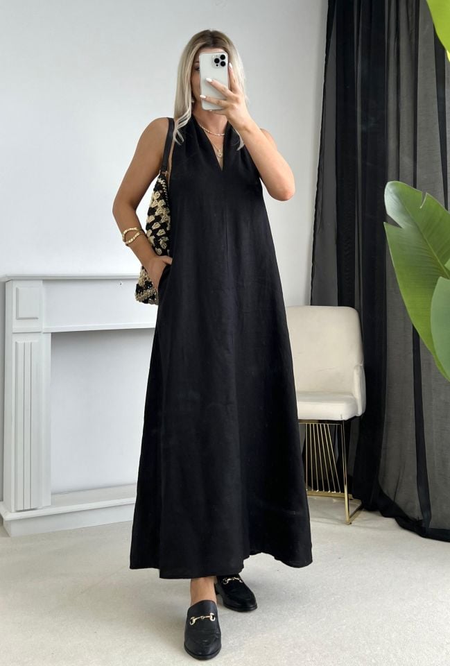 Siyah Helen Model Keten Elbise