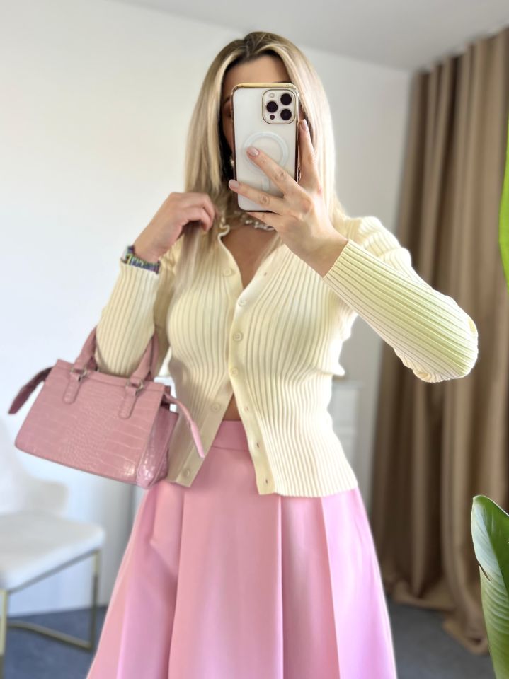 Ekru Polo Yaka Fitilli Triko Bluz