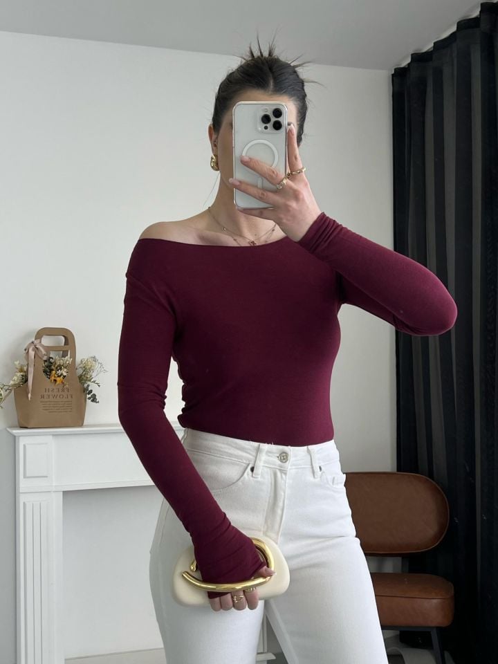 Bordo Kayık Yaka Transparan Bluz