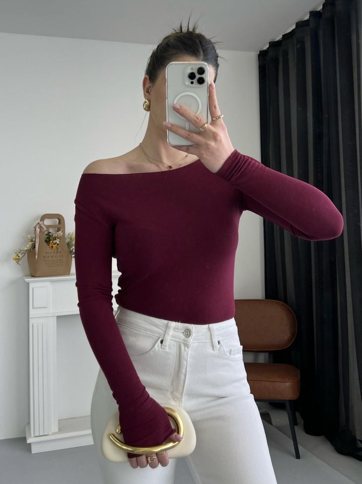 Bordo Kayık Yaka Transparan Bluz
