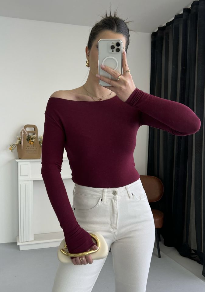 Bordo Kayık Yaka Transparan Bluz