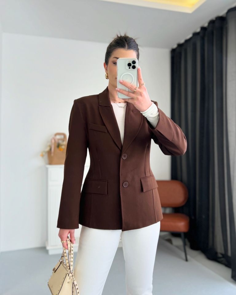 Kahve Belden Oturtmalı Blazer Ceket