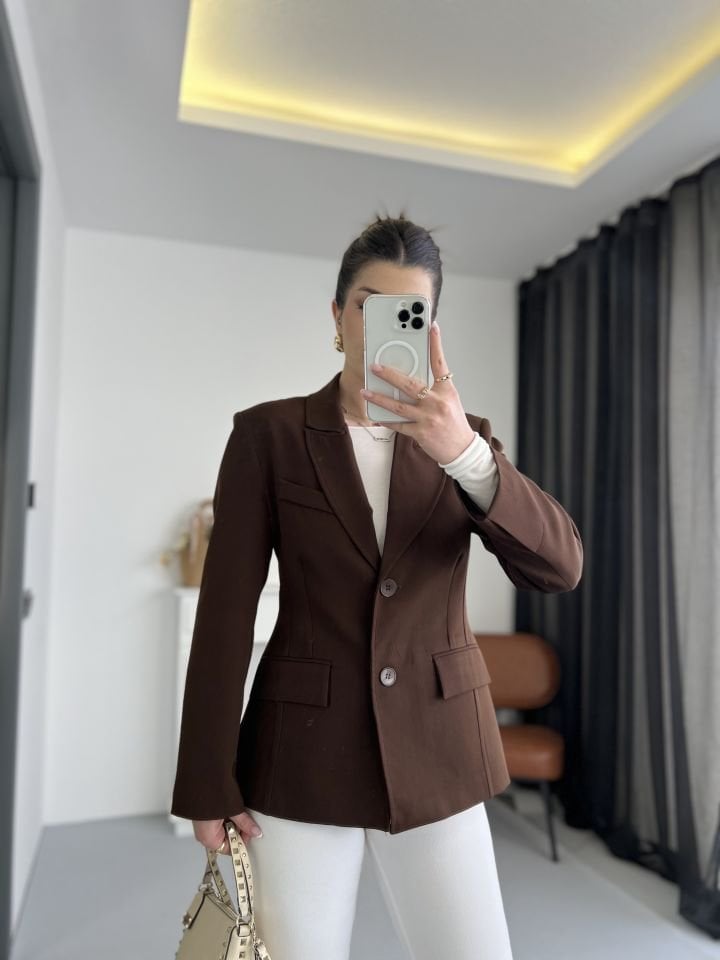 Kahve Belden Oturtmalı Blazer Ceket