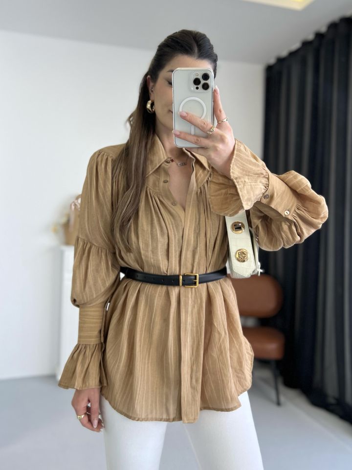 Camel Büzgü Ve Kol Detaylı Gömlek