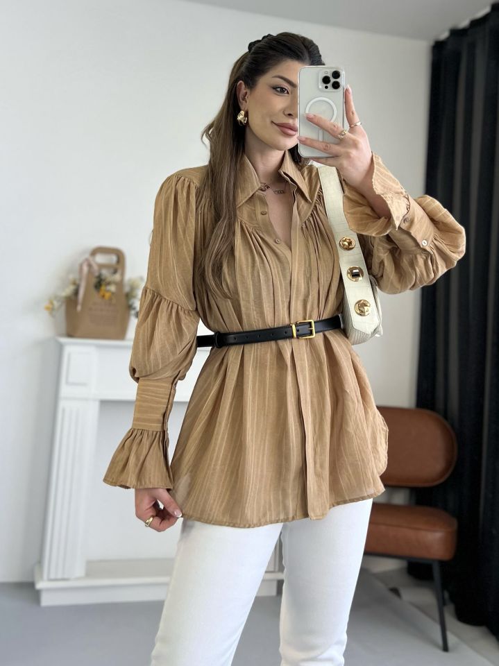 Camel Büzgü Ve Kol Detaylı Gömlek