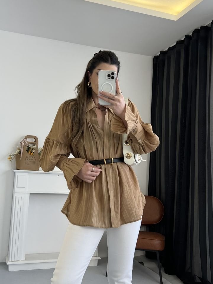 Camel Büzgü Ve Kol Detaylı Gömlek