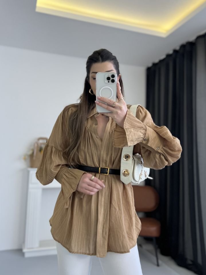 Camel Büzgü Ve Kol Detaylı Gömlek