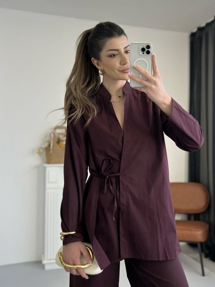 Bordo Bağlamalı Gömlek Pantolon Takım