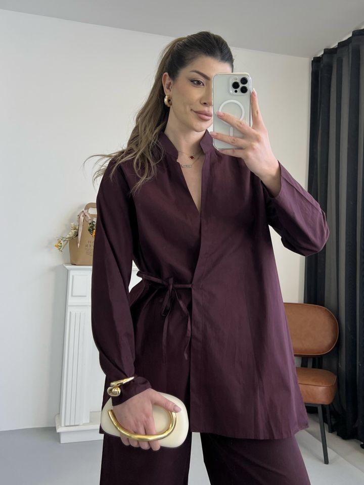 Bordo Bağlamalı Gömlek Pantolon Takım
