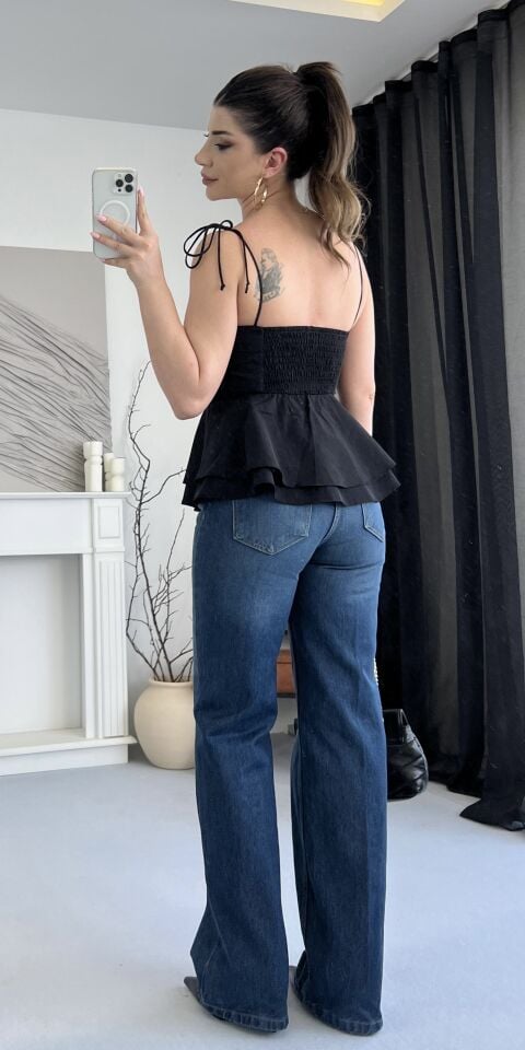 Balenli Volanlı Siyah İpli Bluz
