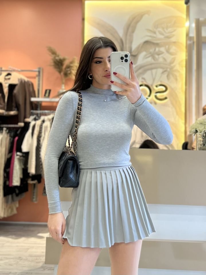 Gri Pileli Şort Etek