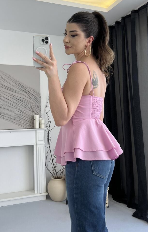 Balenli Volanlı Pembe İpli Bluz