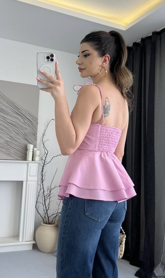 Balenli Volanlı Pembe İpli Bluz
