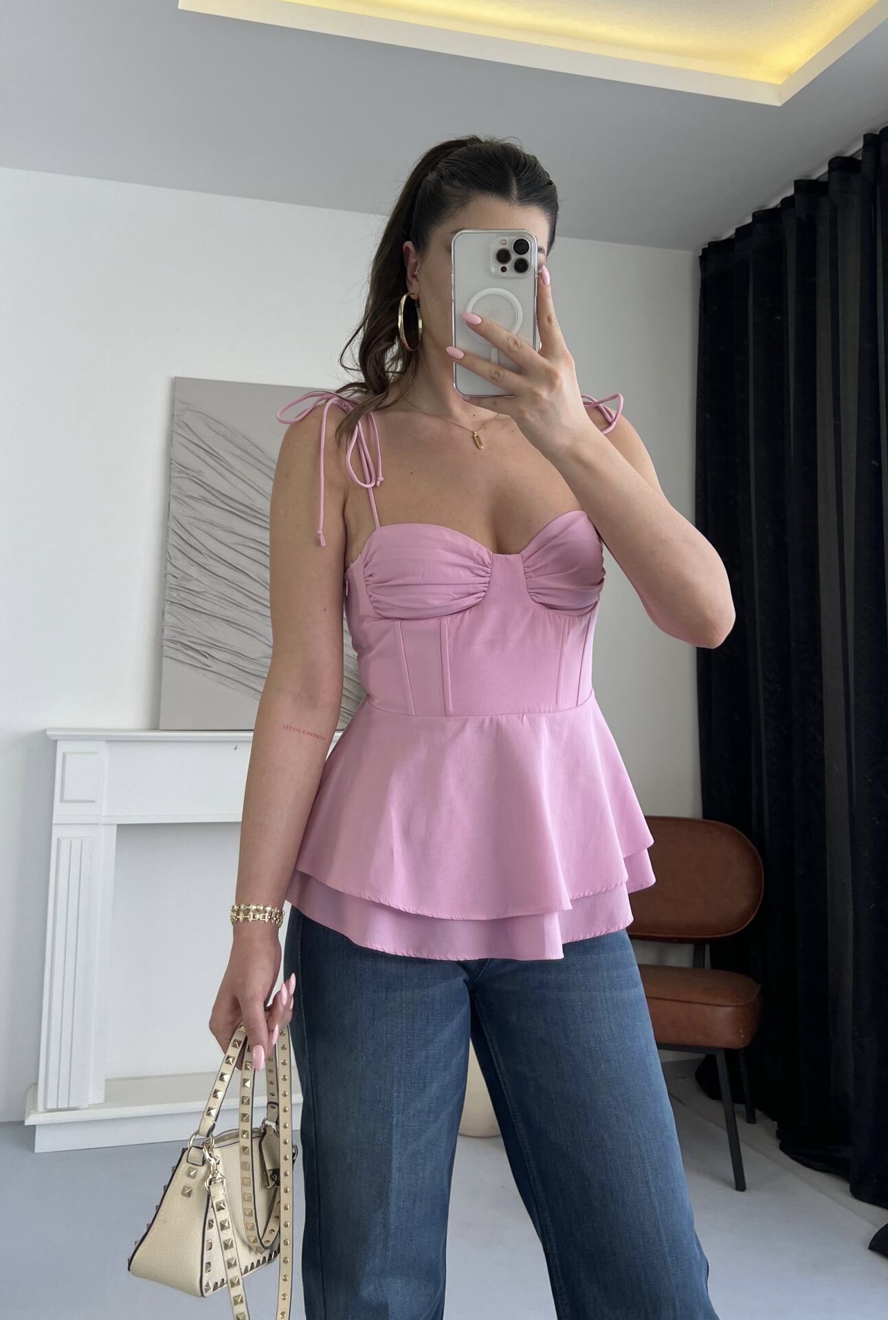 Balenli Volanlı Pembe İpli Bluz