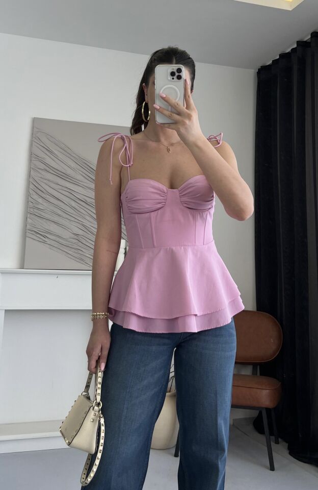 Balenli Volanlı Pembe İpli Bluz
