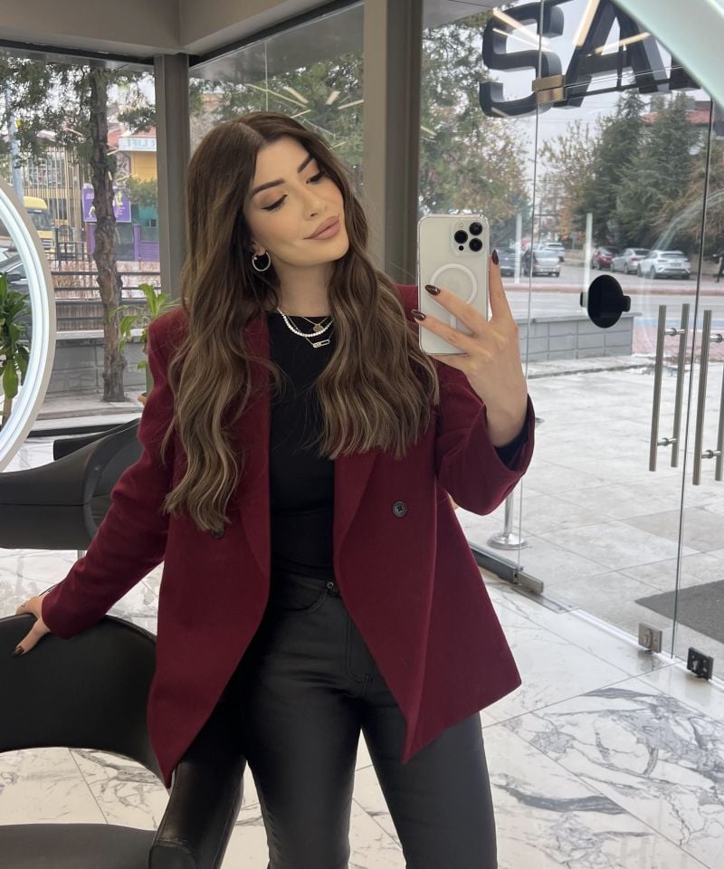 Bordo Asimetrik Kesim Kaşe Ceket