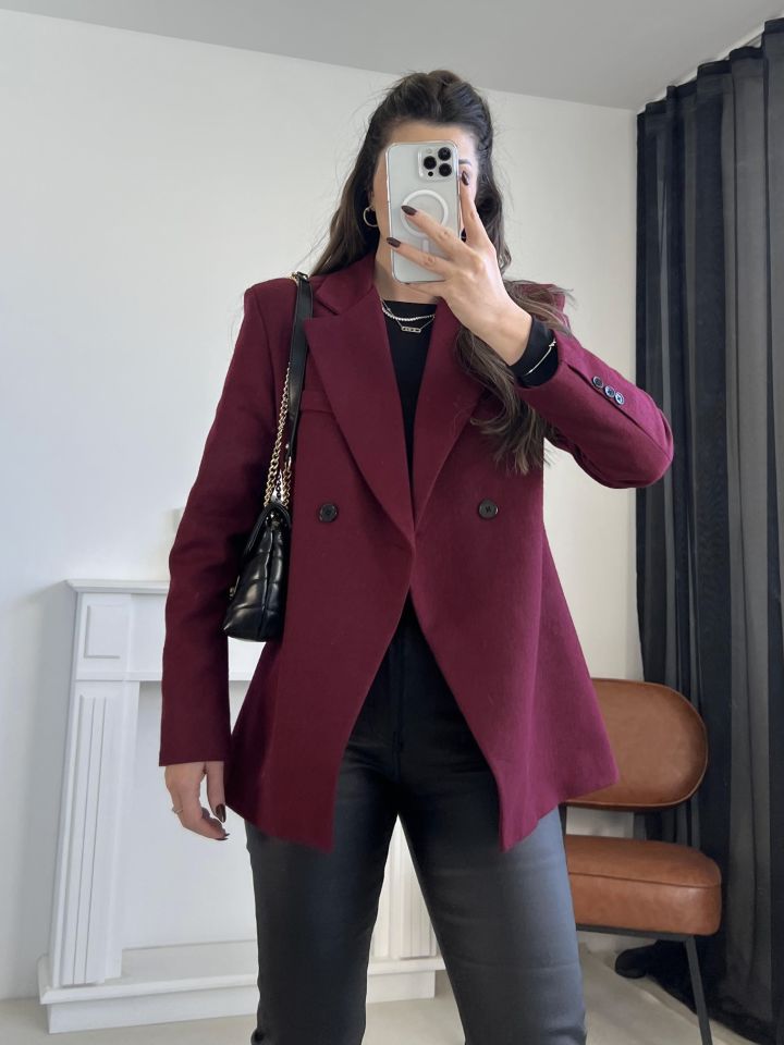 Bordo Asimetrik Kesim Kaşe Ceket