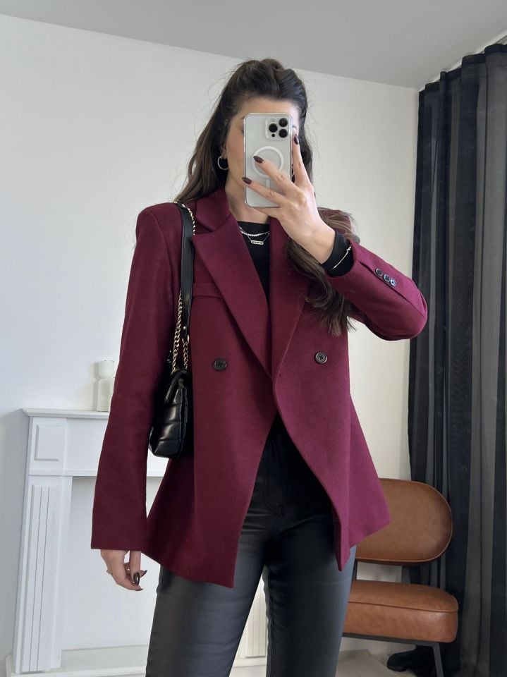 Bordo Asimetrik Kesim Kaşe Ceket