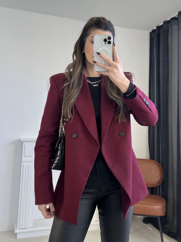 Bordo Asimetrik Kesim Kaşe Ceket