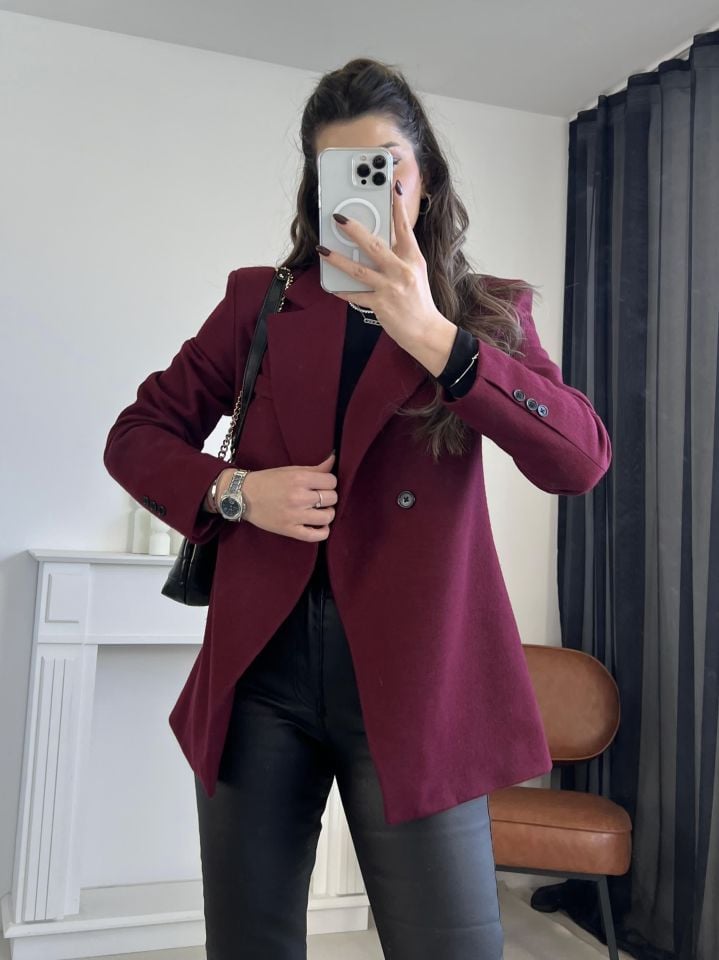 Bordo Asimetrik Kesim Kaşe Ceket