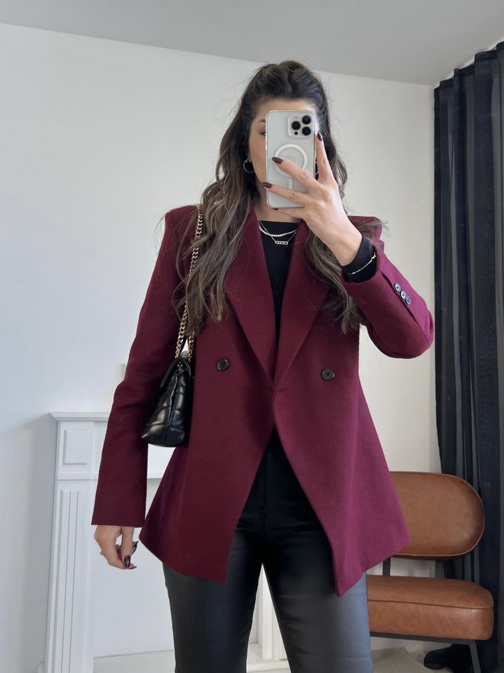 Bordo Asimetrik Kesim Kaşe Ceket