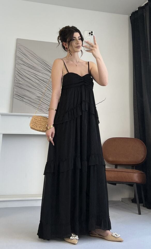 Marka Model Balenli Siyah Şifon Elbise
