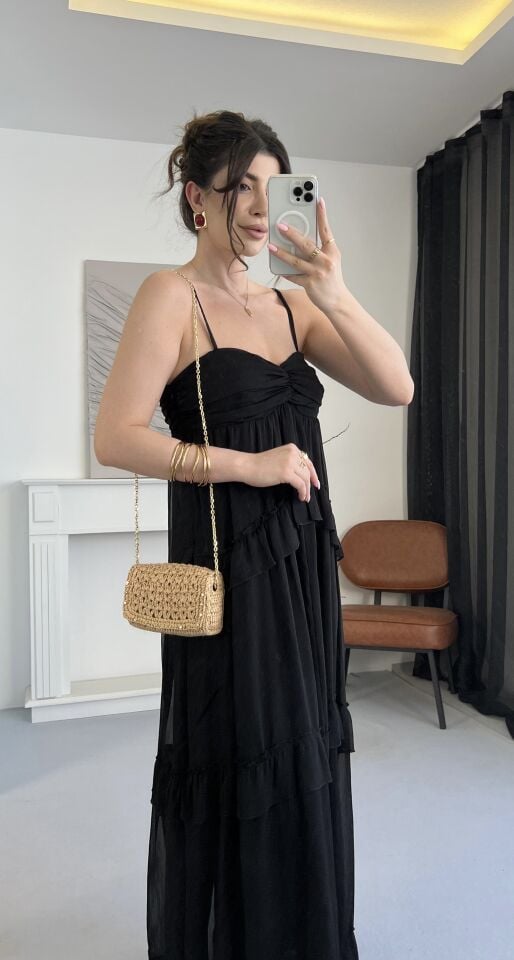 Marka Model Balenli Siyah Şifon Elbise L