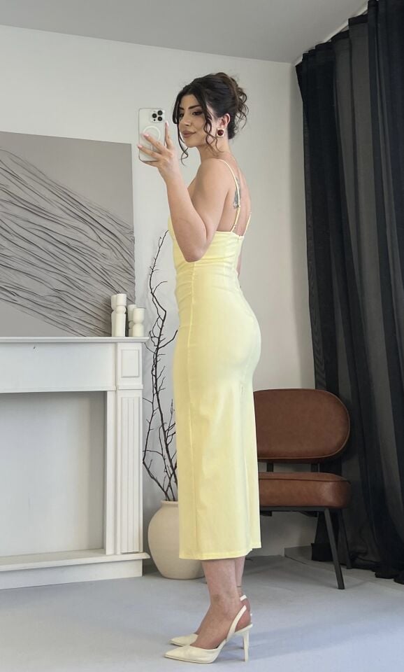 Drapeli Likralı Sarı Kalem Elbise L