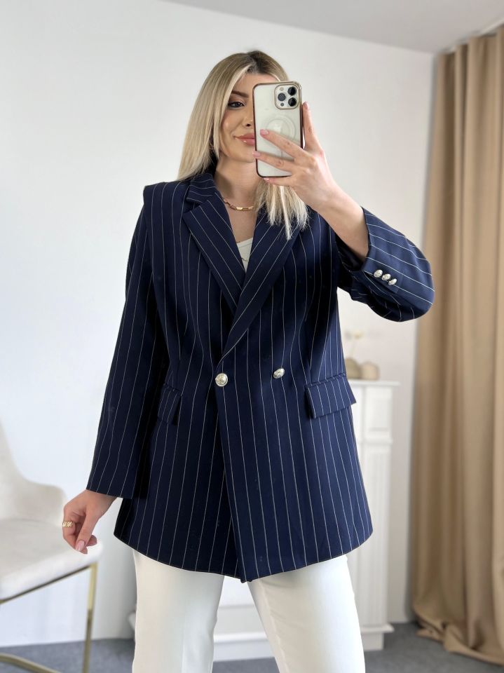 Lacivert Çizgili Düğme Detay Blazer Ceket