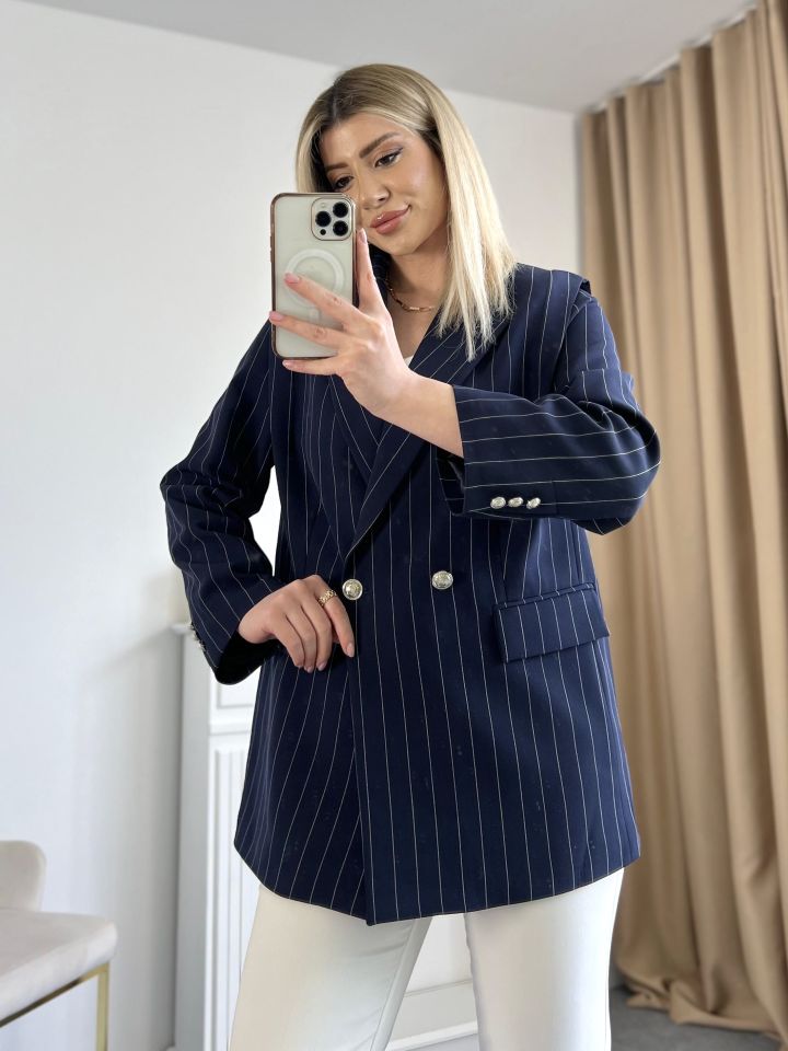 Lacivert Çizgili Düğme Detay Blazer Ceket