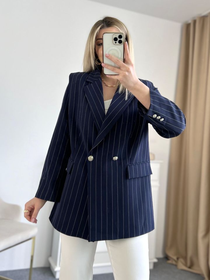 Lacivert Çizgili Düğme Detay Blazer Ceket