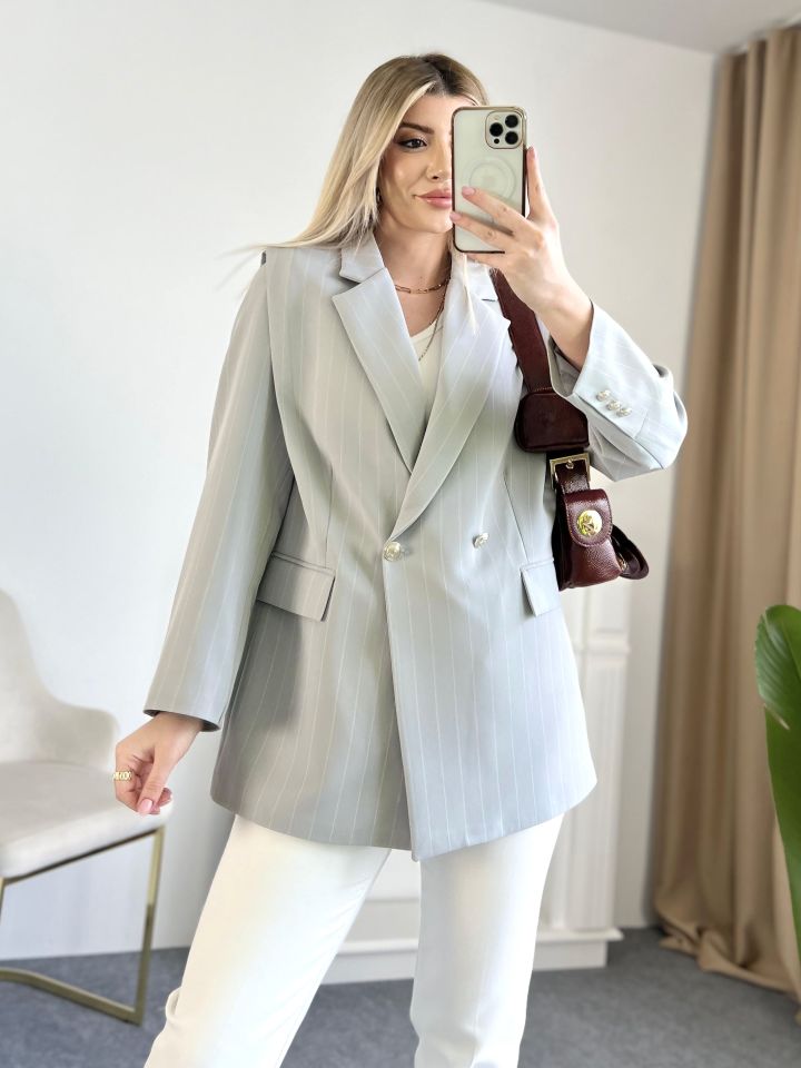 Gri Çizgili  Düğme Detay Blazer Ceket
