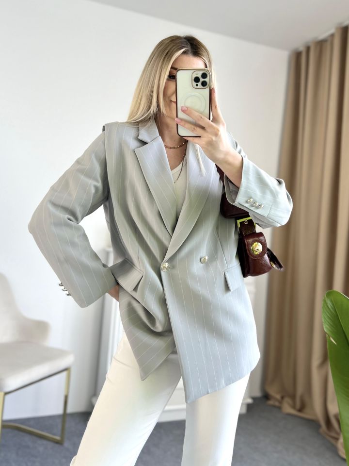 Gri Çizgili  Düğme Detay Blazer Ceket